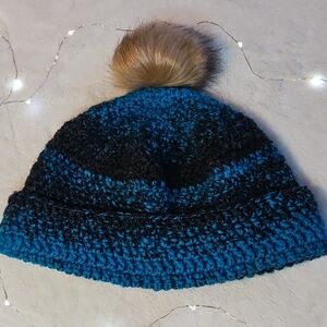 Handmade Blue and Black Pom Pom Beanie
